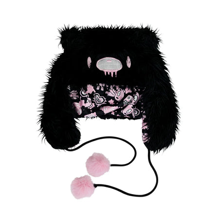 Gloomy Bear Dark Big Face Tassel Beanie With Ears For Men