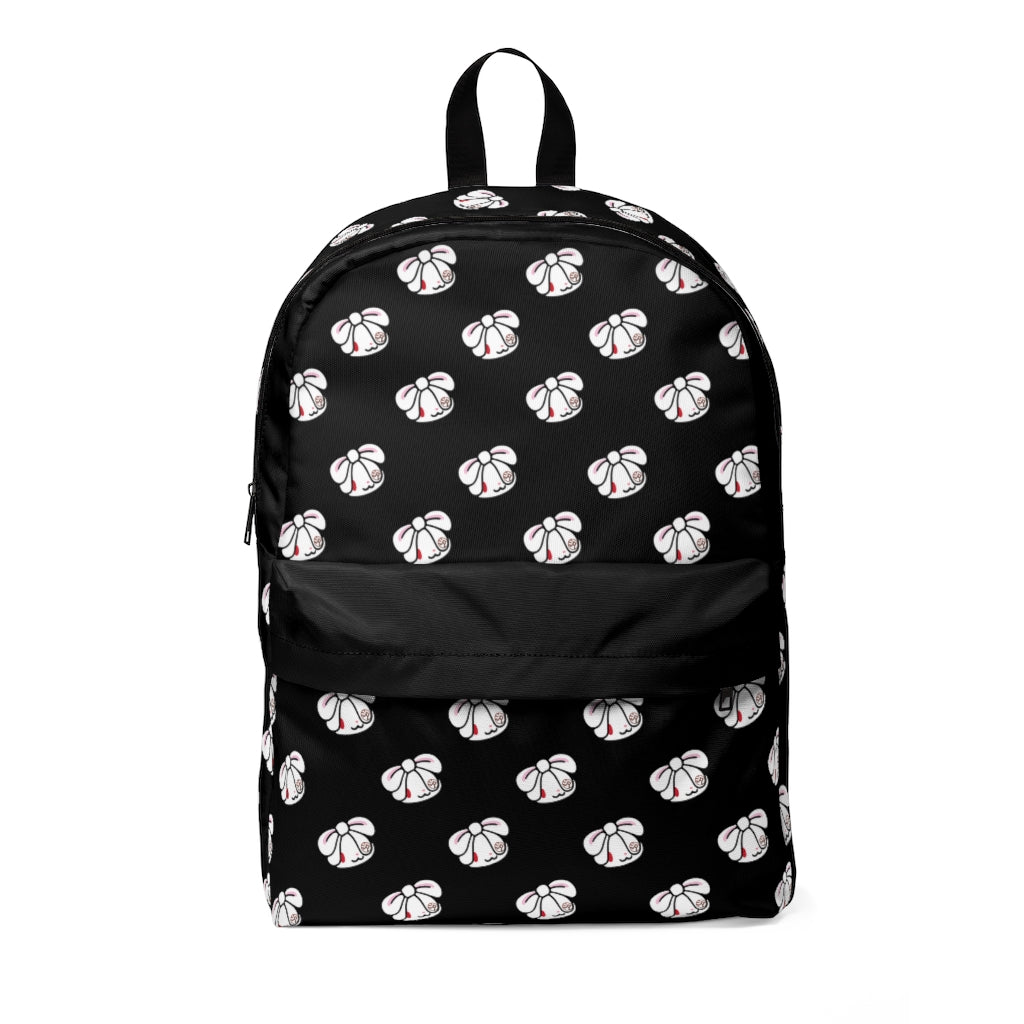 All over print hanyo usagi backpack on black background. 